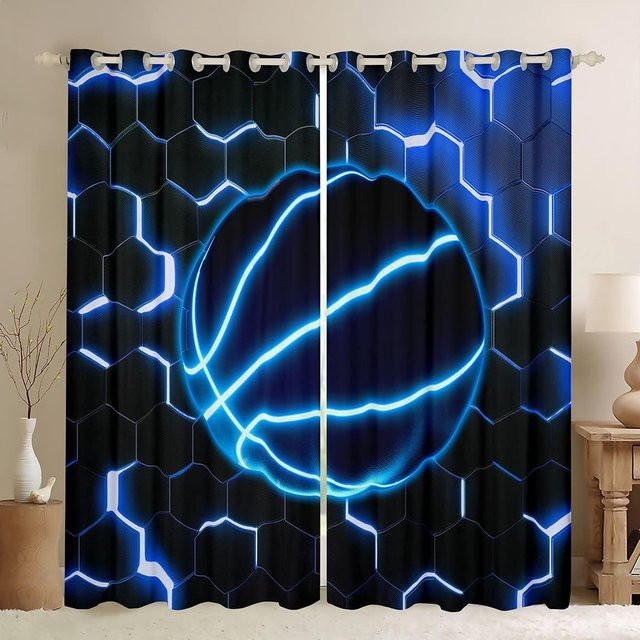 2er-Set Vorhangpaneele mit geometrischem Sechseck-Design und Sportmotiven in Blau, halbtransparent, Polyester, Höhe: 130 cm, Breite: 100 cm - Bild 1