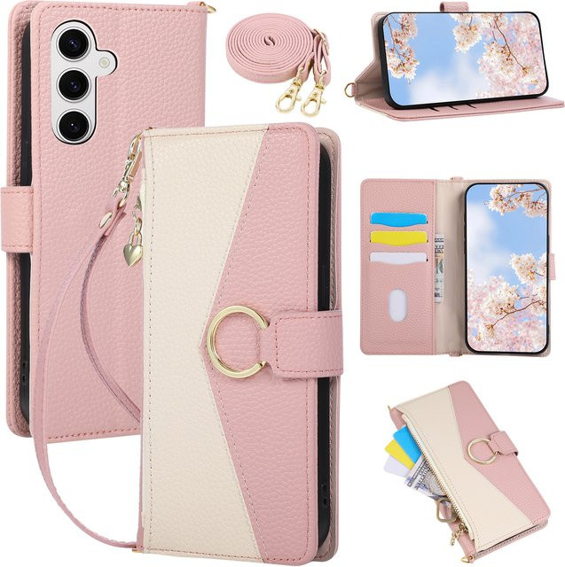 Crossbody Leder Magnetische Flip-Brieftasche Hülle für Samsung Galaxy S26 Ultra S25 Plus S24 S23 A07 A17 A57 mit Lanyard und Kartenhalter in Grün und Pink - Bild 1