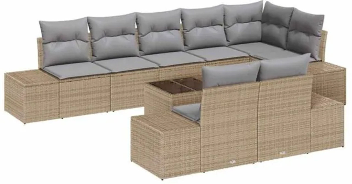 vidaXL Loungemöbel Garten-Sofa-Set aus Polyrattan und Akazienmassivholz in Beige und Grau, 9-teilig, B: 319 cm, T: 154 cm, H: 85 cm - Bild 1