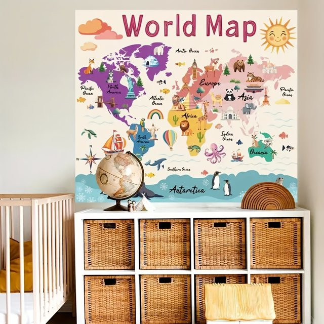 VIKAMA Weltkarten-Wandteppich als interaktives Lernpuzzle für Kinderzimmer und Klassenzimmer, Mehrfarbig, 60 cm Breite - Bild 1