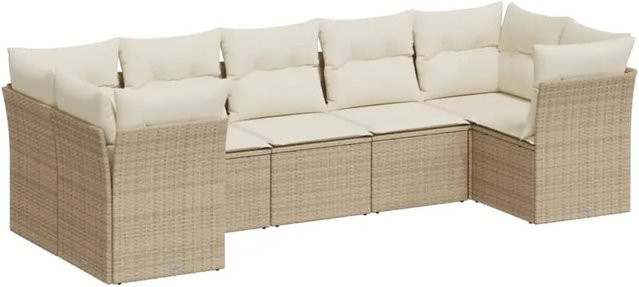 vidaXL 7-tlg Garten-Sofagarnitur in L-Form aus PE-Rattan und pulverbeschichtetem Stahl mit Kissen in Beige und Cremeweiß - Bild 1
