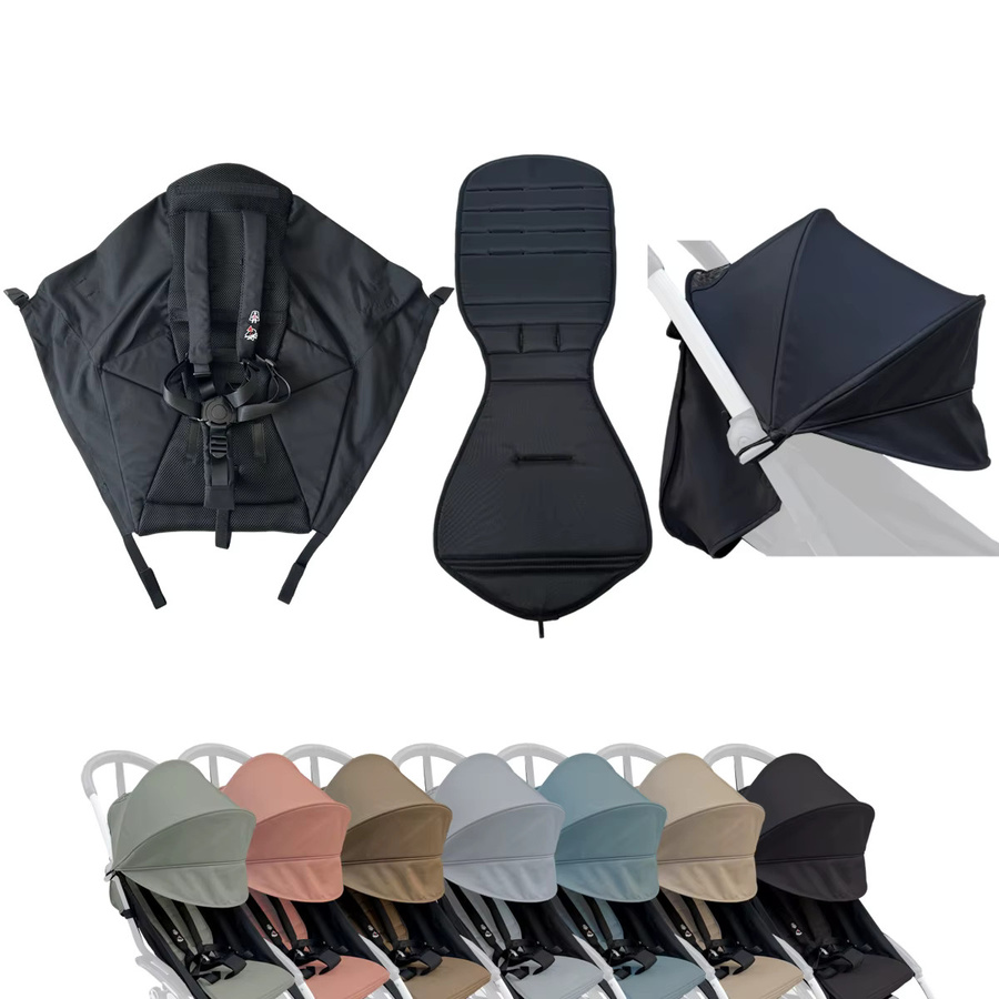 MomTan Kinderwagen-Zubehör-Ersatzset in Schwarz mit verlängertem Verdeck, Sitzkissen und Sitzunterlage für Babyzen YOYO-Serie und Stokke YOYO3 - Bild 2