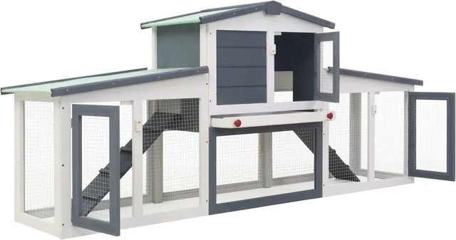 vidaXL Großer Kaninchenstall aus lackiertem Tannenholz in Grau und Weiß, B/T/H: 204 x 45 x 85 cm - Bild 1