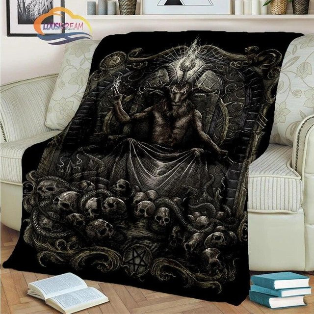 MacgicZhou Flanell-Kaschmirdecke mit Baphomet Totenkopf und Pentagramm in Schwarz, B/B: 75 x 90 cm - Bild 1