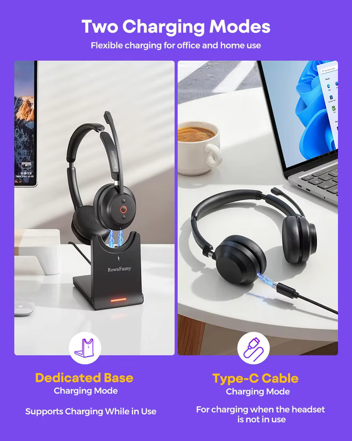 Rownfusny Kabelloses Over-Ear-Headset mit Bluetooth und USB-Dongle in Schwarz für Callcenter mit Geräuschunterdrückung und Mikrofon - Bild 2