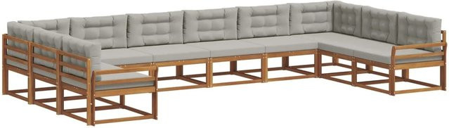 vidaXL Outdoor-Sofagarnitur aus massivem Akazienholz mit Kissen, 10-teiliges Set, Natur und Hellgrau - Bild 1