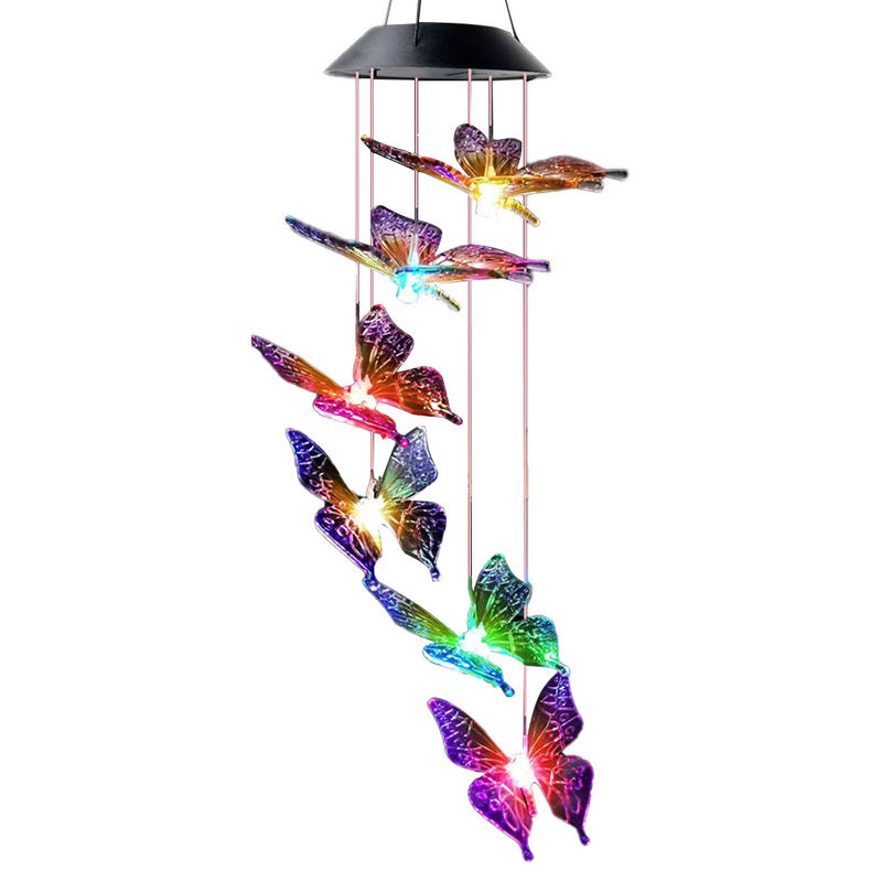 Mehrfarbiges Schmetterlings-Solar-Windspiel mit Glocke und wasserdichter LED-Beleuchtung für Garten und Hof - Bild 5