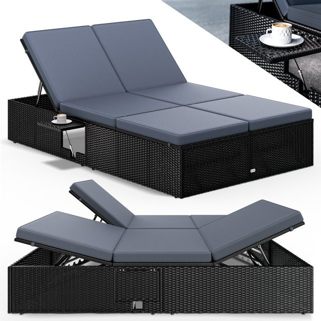 CASARIA Polyrattan Gartenliege Schwarz/Anthrazit mit verstellbarer Kopfstütze und Seitentisch, B/T/H: 220 x 115 x 33 cm - Bild 1