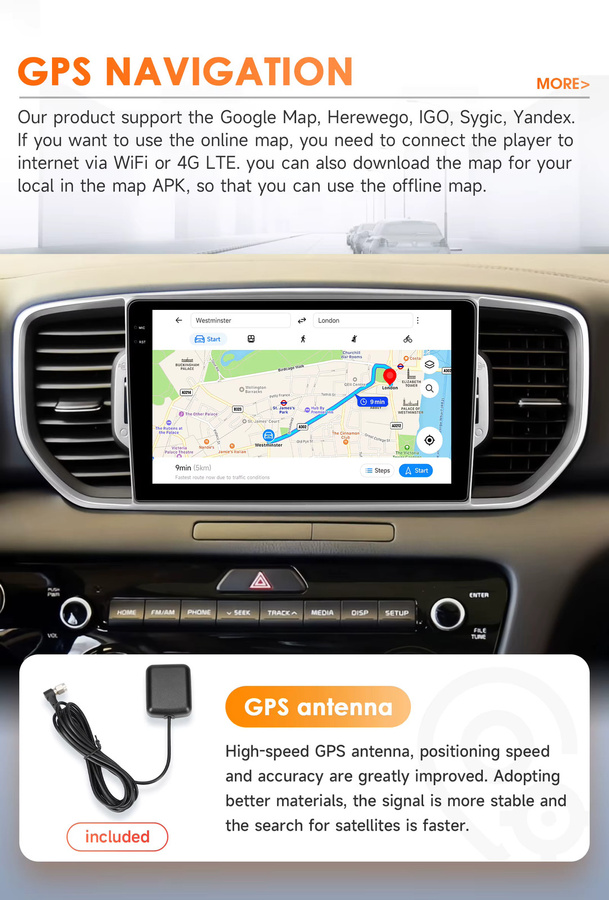 Hizpo 9-Zoll Android Auto Navigationssystem für KIA Sportage 4 KX5 mit GPS, Wireless CarPlay, Wifi und Bluetooth in Schwarz - Bild 3