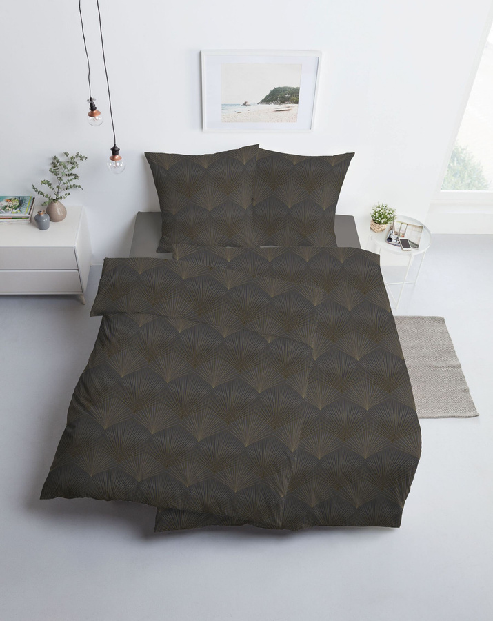 Estella Mako Jersey Bettwäsche Asra Anthrazit Braun Fächer mit Bettbezug und Kissenbezug B/H: 155 x 220 cm, Kissen: 80 x 80 cm - Bild 1