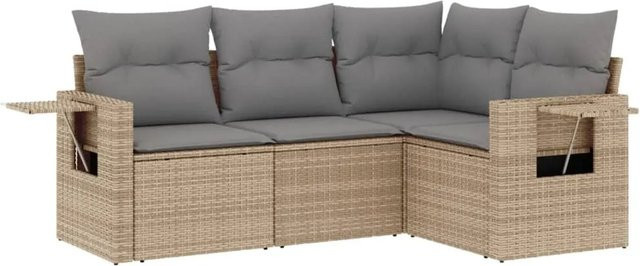 vidaXL 4-tlg Garten-Sofagarnitur in L-Form aus beigem Poly-Rattan mit Sitzkissen und Stauraum - Bild 1