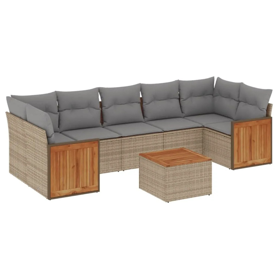 vidaXL 8-teilige Garten-Sofagarnitur in L-Form aus Poly-Rattan und Akazienholz mit Kissen in Beige und Grau - Bild 2