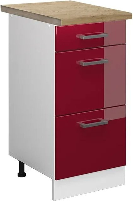 Vicco Küchenunterschrank R-Line in Bordeaux Hochglanz und Weiß mit Schubladen in Eiche Optik, Breite: 40 cm, Höhe: 60 cm, Tiefe: 55 cm - Bild 1