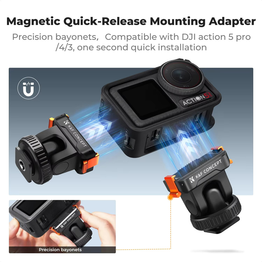 K&F CONCEPT Magnetischer Schnellwechsel-Halter mit Cold Shoe für DJI Osmo Action 3, 4 und 5 Pro sowie DSLR Kameras, Schwarz - Bild 4