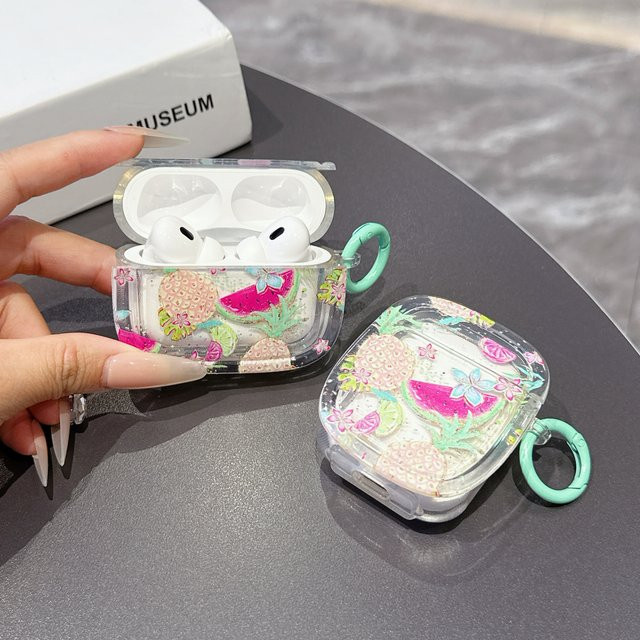 Wellen-Tropenfrucht-Streifen Schutzhülle für Apple AirPods 4, 1, 2, 3 und Pro 2 in Grün und Multicolour mit Haken - Bild 1