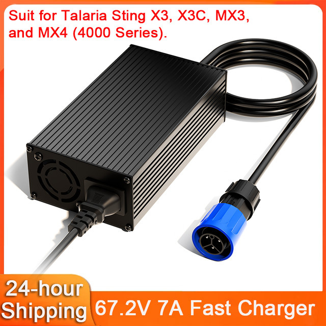 Schnellladegerät 67,2V 7A für Talaria Sting X3, X3C, MX3, MX4 (4000 Serie) mit 3-Pol-Netzadapter und Kühlventilator, Schwarz - Bild 1