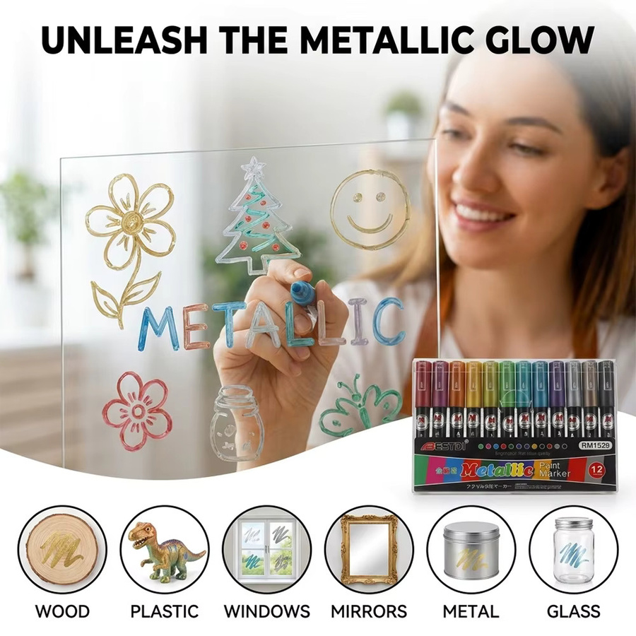 12er Set Metallic-Glanz-Marker in Multicolor für DIY-Bastelarbeiten, Glas, Metall und Kunst - Bild 4