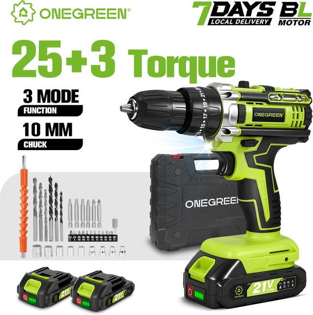 ONEGREEN Kabellose Elektro-Schlagbohrmaschine in Grün mit 25+3 Drehmoment-Stufen und 3 Modi, kompatibel mit Makita 18V Akku LXT - Bild 1