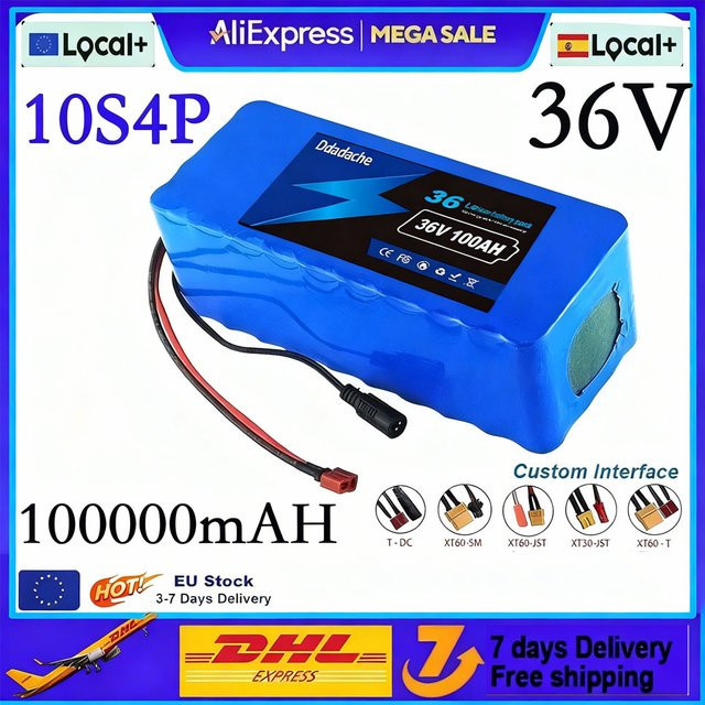 10S4P 100 Ah Lithiumbatterie 36 V mit BMS und XT60-Buchse in Blau für Fahrräder und Elektroroller inklusive Ladegerät - Bild 1