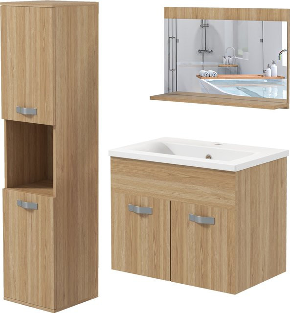 Kleankin Badezimmermöbel-Set 3-teilig mit Spiegelschrank, wandhängendem Unterschrank mit Keramikwaschbecken und Säulenschrank mit verstellbaren Regalen in Natur/Beige/Braun - Bild 1