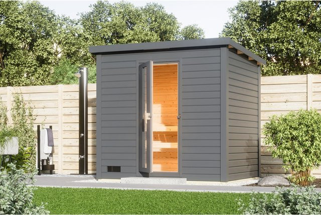 Karibu Saunahaus Melo mit 38mm Wandstärke, 9 kW Ofen und integrierter Steuerung in Terragrau - Bild 1
