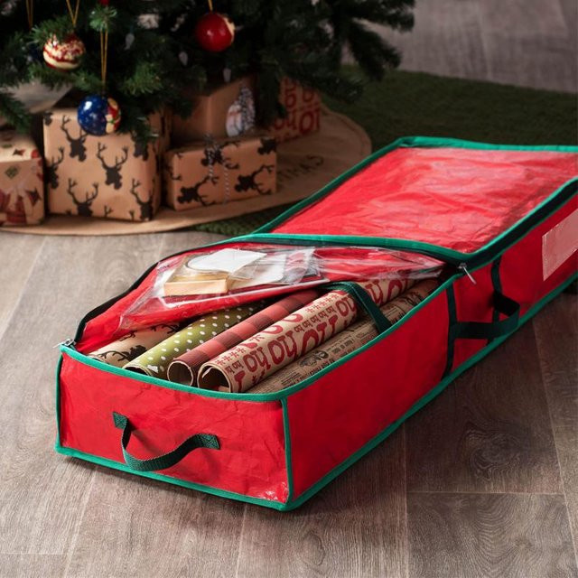 Roter Aufbewahrungsbehälter für Geschenkpapier aus Kunststoff, Organizer für bis zu 27 Rollen mit 3,5 cm Durchmesser zur Aufbewahrung unter dem Bett - Bild 1