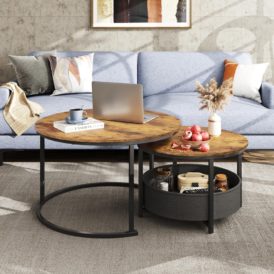 WLIVE Couchtisch 2er-Set rund in Braun mit Metallgestell und Holzoptik für dein Wohnzimmer - Bild 2