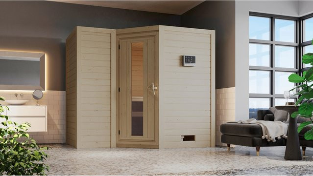 Karibu Sauna Steena 2 mit Bio-Ofen und externer Steuerung aus Fichte in Natur/Braun/Beige, B/T/H: 236 x 184 x 184 cm - Bild 1