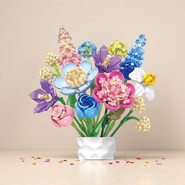 KNEW BUILT Blumenstrauß-Bausteinspielzeug DIY-Montage Blumenarrangements Multicolor als Heimdekoration oder Geschenk für Mädchen - Bild 1