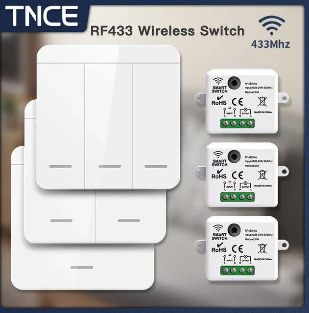 TNCE RF433 Relaisempfänger und kabelloser Lichtschalter 433 MHz in Weiß mit Mini-Fernbedienung und Wandsender-Schalter für LED-Lampen und Ventilatoren - Bild 1