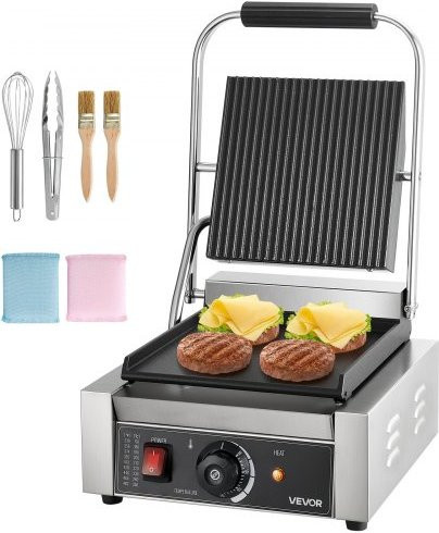 VEVOR Kommerzieller Kontaktgrill 1800 W Elektrogrill aus Edelstahl in Silber mit Temperaturregelung und flacher Emailleplatte, B/T: 22 x 23 cm - Bild 1