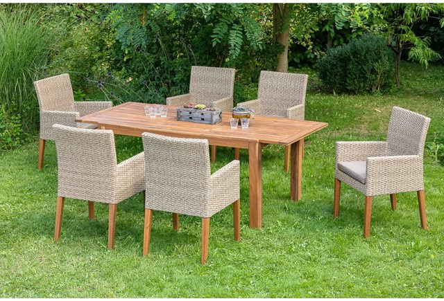 Merxx Ranzano Gartenmöbelset 7-teilig mit Ausziehtisch und 6 Sesseln aus Akazienholz und Kunststoffgeflecht in Beige und Braun - Bild 3
