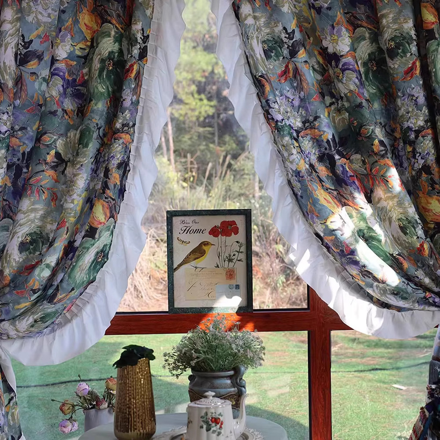 CENTURyMiG Kurzer Café-Vorhang mit Vintage-Monet-Ölgemälde-Druck und Spitzenbesatz, halbtransparent, Mehrfarbig, Breite: 100 cm, Höhe: 200 cm - Bild 3
