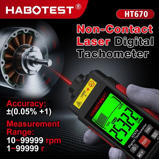 HABOTEST HT670 Digitaler Laser-Drehzahlmesser mit LCD-Hintergrundbeleuchtung zur berührungslosen Messung der Motorgeschwindigkeit von 2,5 bis 99999 U/min - Bild 1