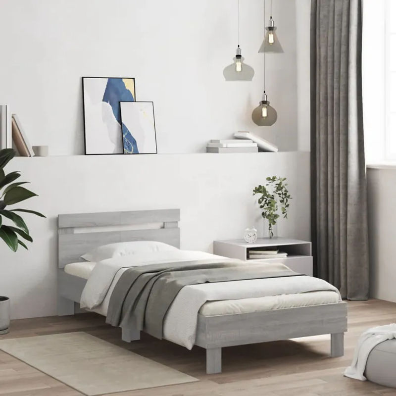 vidaXL Bettgestell mit Kopfteil, LED-Leuchten und USB-Ladeport, Grau Sonoma Eiche, B/T/H: 100 x 200 cm - Bild 3