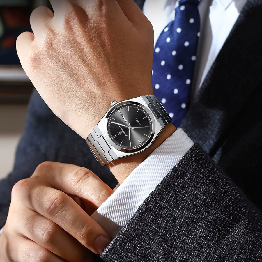POEDAGAR Armbanduhr Quarz, Edelstahl, Schwarz, Silber, Herren - Bild 6
