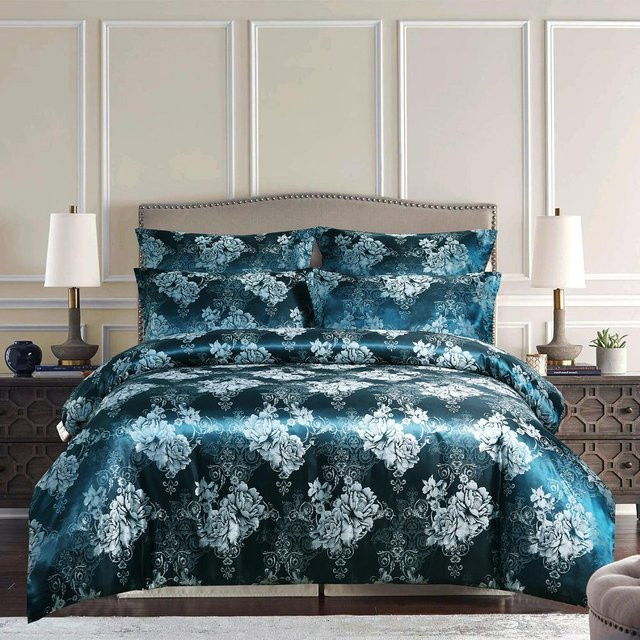 Dreiteiliges Jacquard Bettwäsche-Set von oucheee in Blau mit floralem Design, bestehend aus einem Bettbezug und zwei Kissenbezügen, B/H: 135 x 200 cm - Bild 1