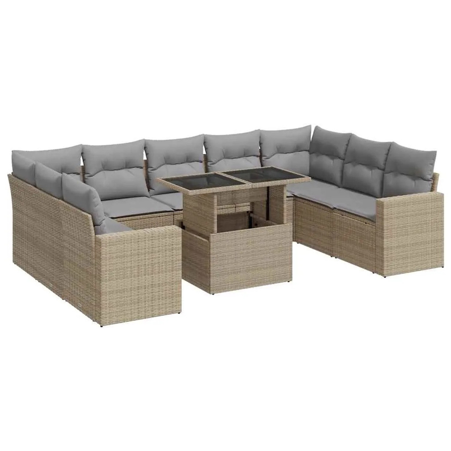 vidaXL 10-tlg. Garten-Sofagarnitur in L-Form aus Poly-Rattan in Beige-Grau mit wetterfesten Kissen - Bild 2
