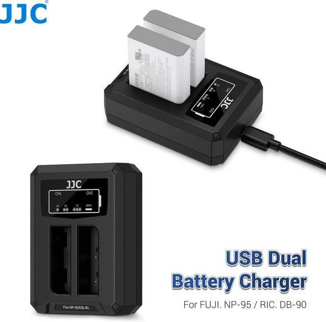 JJC Kamera-Akkuladegerät für Fujifilm NP-95 und Ricoh DB-90 inklusive Ladekabel, Schwarz - Bild 1
