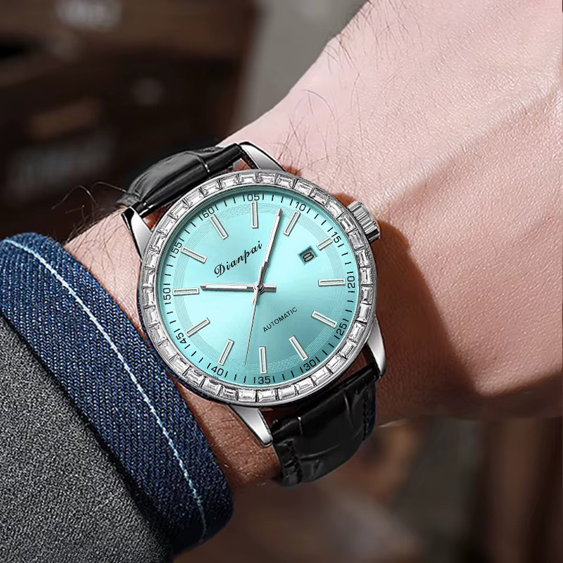 Dianpai Armbanduhr, Automatik, Edelstahl, Leder, Blau, Herren - Bild 3