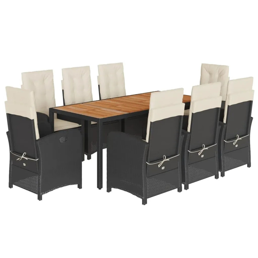 vidaXL 9-teilige Garten-Essgruppe aus Poly-Rattan und Akazienholz in Schwarz mit cremeweißen Kissen und Glastisch - Bild 2
