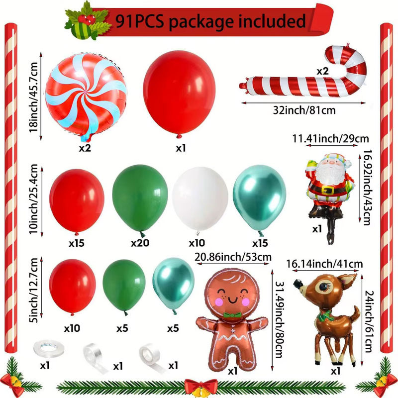 91-teiliges Weihnachtsballon-Set für Girlanden und Ballonbögen mit Lebkuchen, Elch und Santa Motiven, mehrfarbig, Kunststoff-Dekoration für Weihnachten und Neujahr - Bild 3