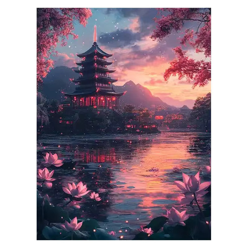 Huacan 5D DIY Diamantmalerei Lotusteich Sonnenuntergang Turm, Rundes Mosaik Bild mit Strass Steinen in Mehrfarbig, Wanddekoration Floral Orientalisch - Bild 5