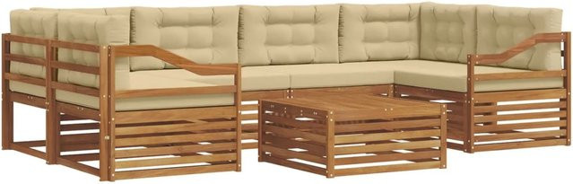 vidaXL 8-tlg. Outdoor-Sofagarnitur in L-Form aus Akazienholz mit Kissen in Natur und Beige - Bild 1
