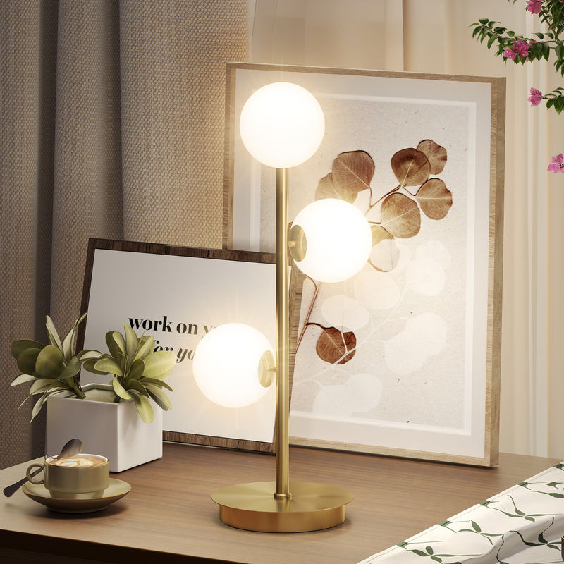 HOMCOM Tischlampe mit 3 Kugelschirmen in Messing und Beige, Nachttischlampe mit stabilem Stahlfuß und G9-Fassungen für Schlafzimmer und Wohnzimmer - Bild 2