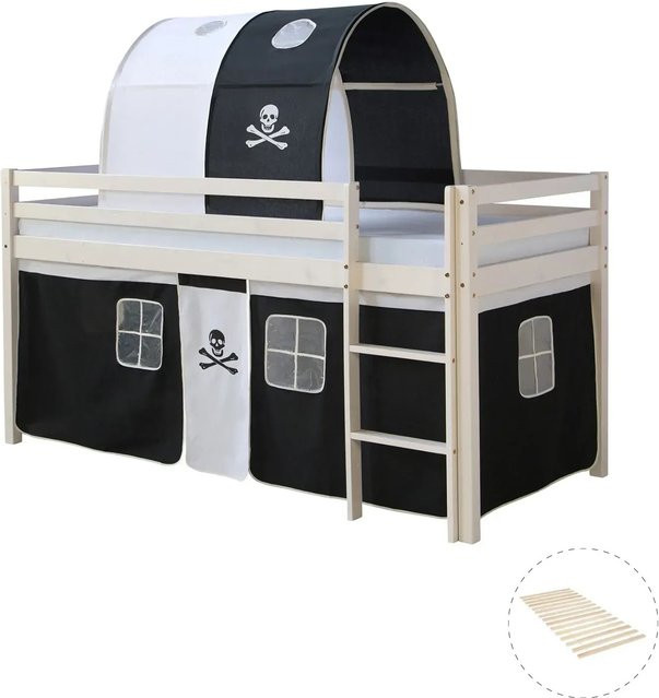 Homestyle4u Hochbett Pirat aus Kiefernholz mit Vorhang und Lattenrost in Weiß - Bild 1