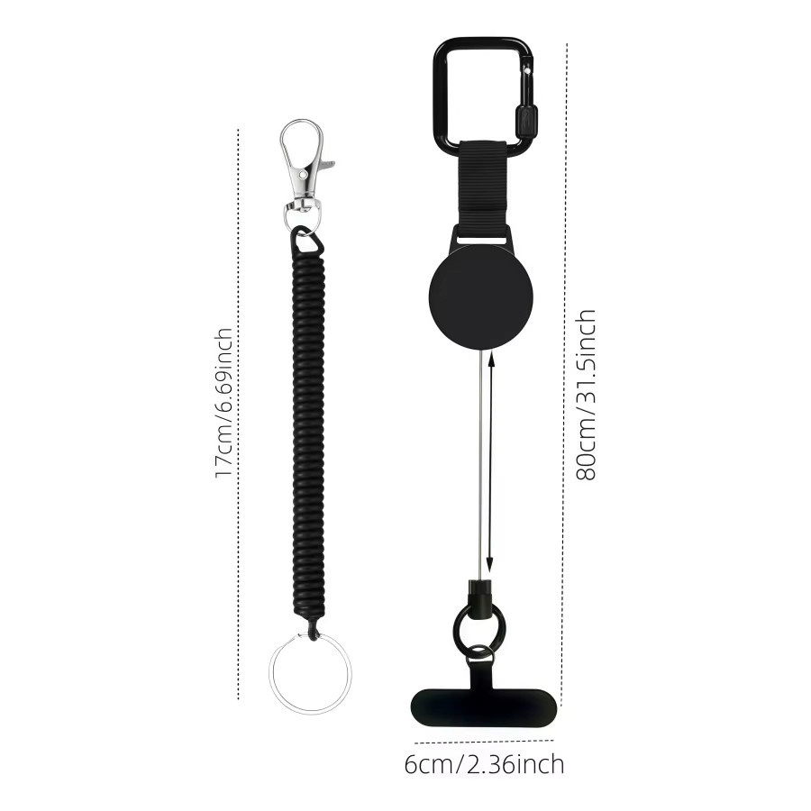 Diebstahlsicheres Handy-Trageband in Schwarz mit einziehbarem Sicherungsband, Karabiner und Gürtelclip für Handy und Tablet - Bild 1