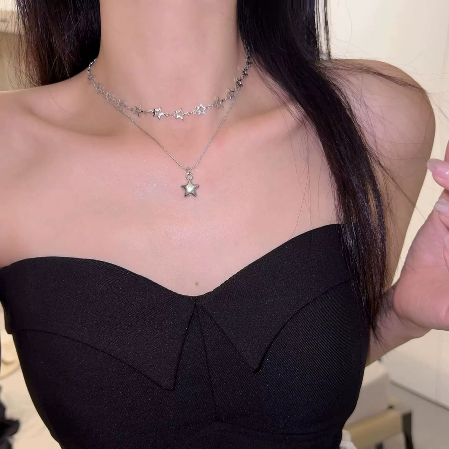 imixlot Halskette, Doppel Layered Choker, Stern Anhänger, Metall, Silber, Damen - Bild 2