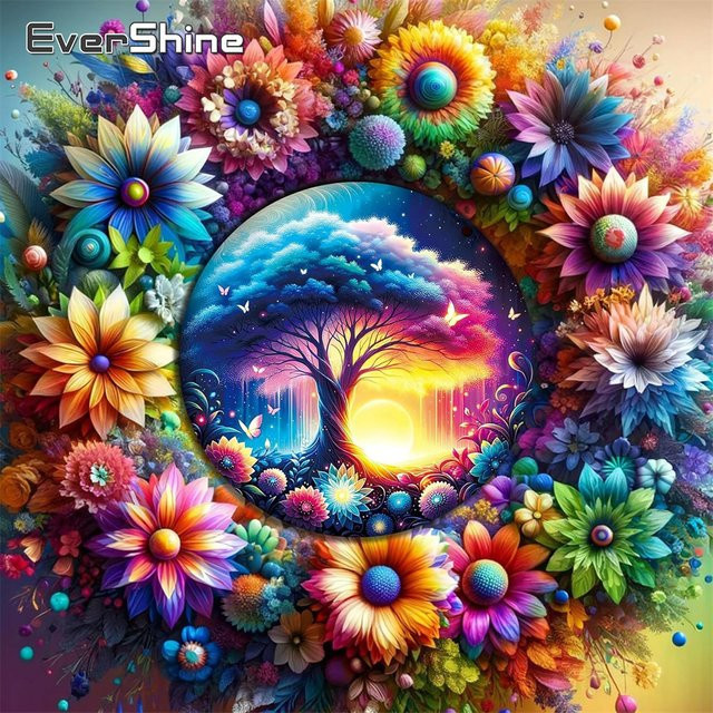 Evershine Kreuzstich-Set Landschaft und Blumenbild mit Stickerei-Zubehör, Mehrfarbig - Bild 1