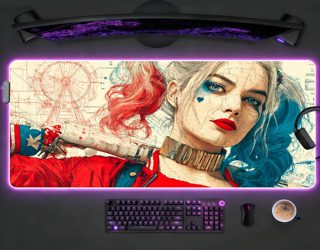 H-Harley Q-Quinn RGB LED Mauspad XXL, rutschfeste Schreibtischunterlage in Multicolour - Bild 1